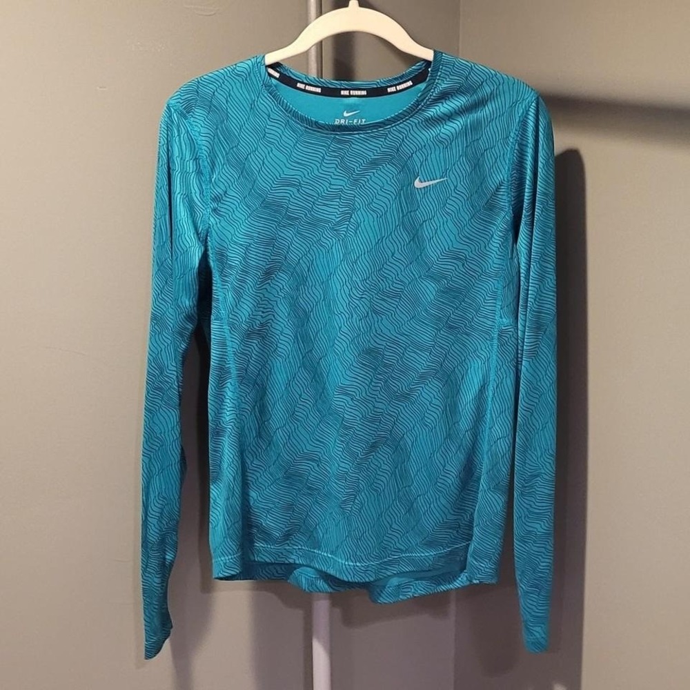Nike Running Dri-Fit Long Sleeve Shirt Blue Wave Cartography Design Women's M‎